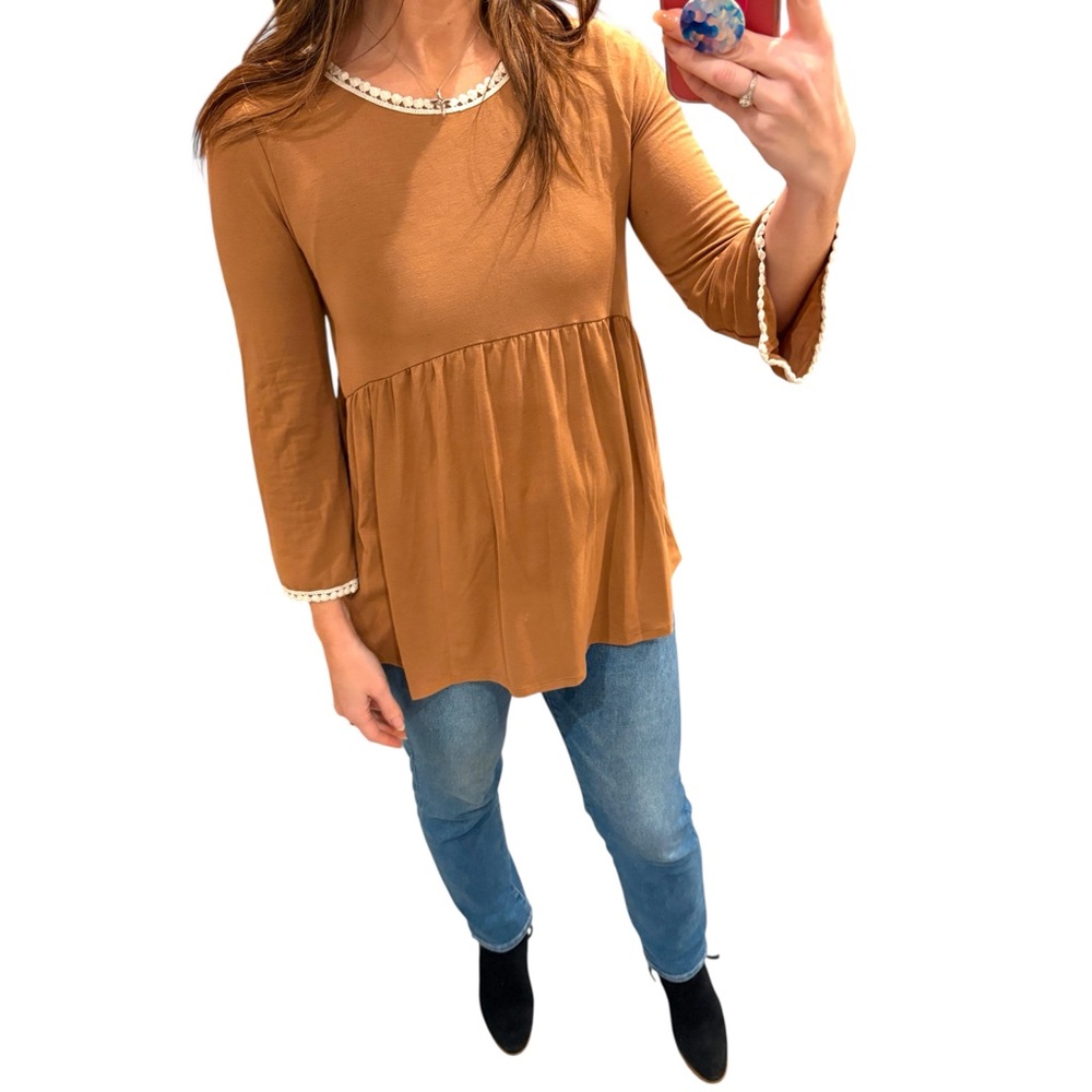 ZENANA 3/4 Sleeve Lace Trim Top in Mocha